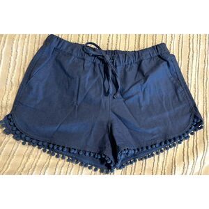 J Crew Women's Blue Pom Pom Drawstring Linen Cotton Blend Shorts Size XS